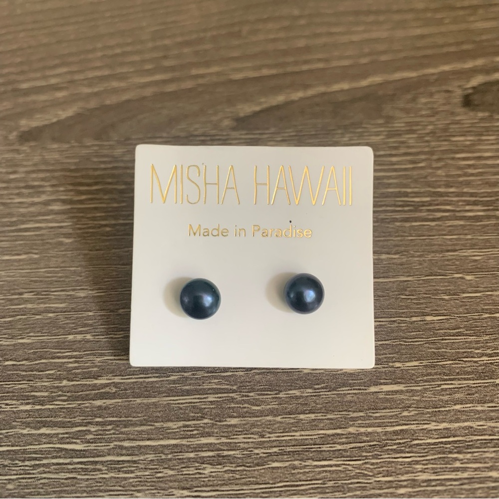 Misha Hawaii Tahitian Black Pearl Stud Earrings 925 Sterling Silver 7 mm